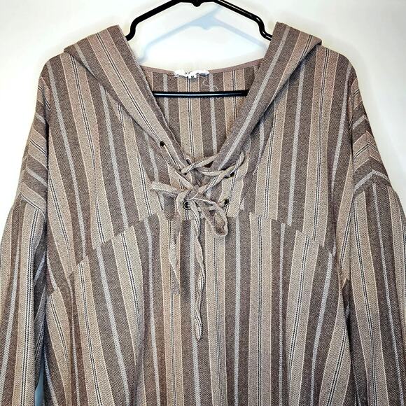 KyeMi Hippie Boho V-Neck Hoodie - Brown Striped Pullover, Women's Size M - Picture 2 of 6